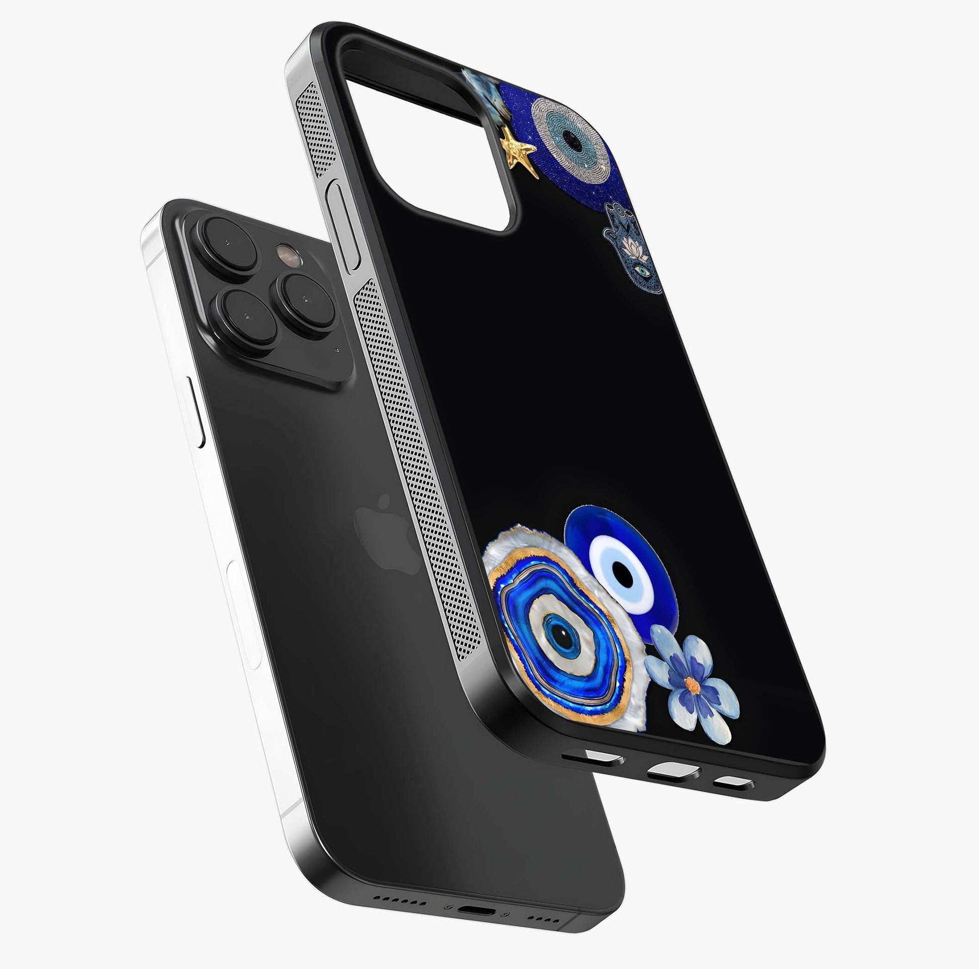 Aesthetic Blue Evil Eye Glass Case photographed in natural light showing reflective finish and design depth.