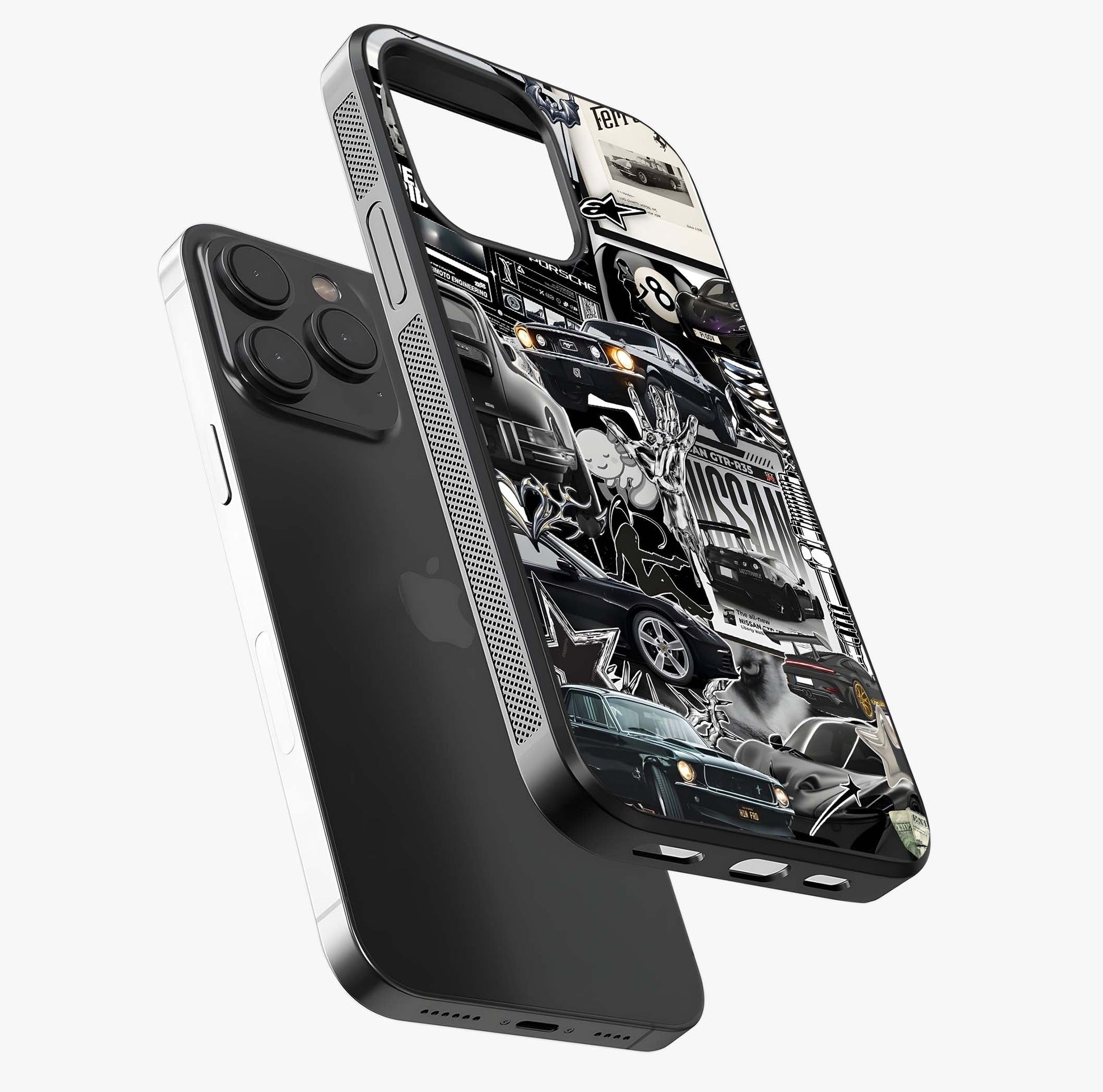 Aesthetic Dark Love Glass Case photographed in natural light showing reflective finish and design depth.