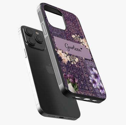 Antique Floral Whisper Custom Name Glass Case photographed in natural light showing reflective finish and design depth.
