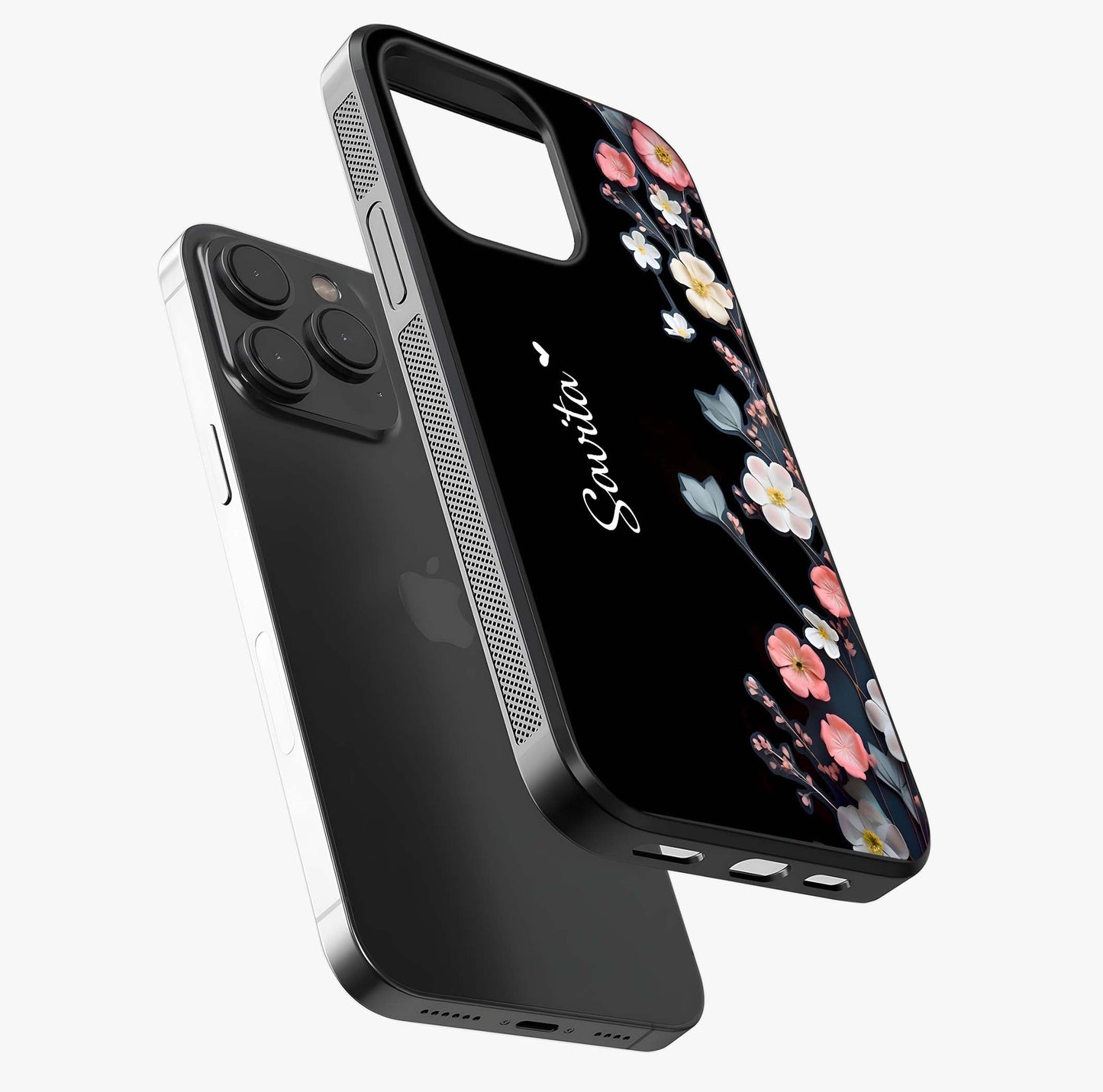Black Elegance Floral Custom Name Glass Case photographed in natural light showing reflective finish and design depth.