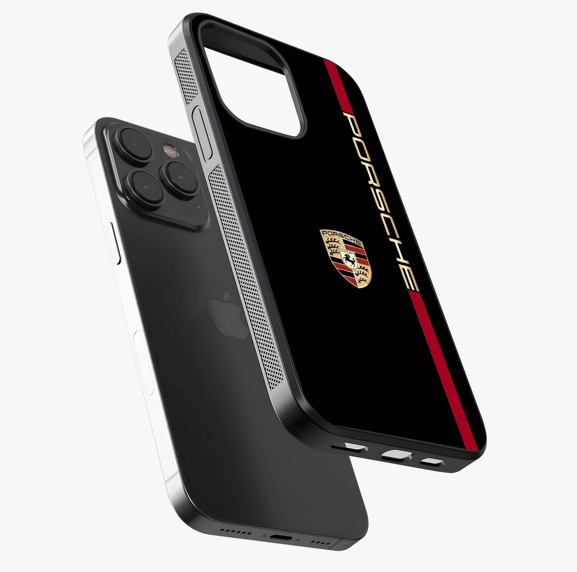 Black Minimal Porsche Glass Case photographed in natural light showing reflective finish and design depth.