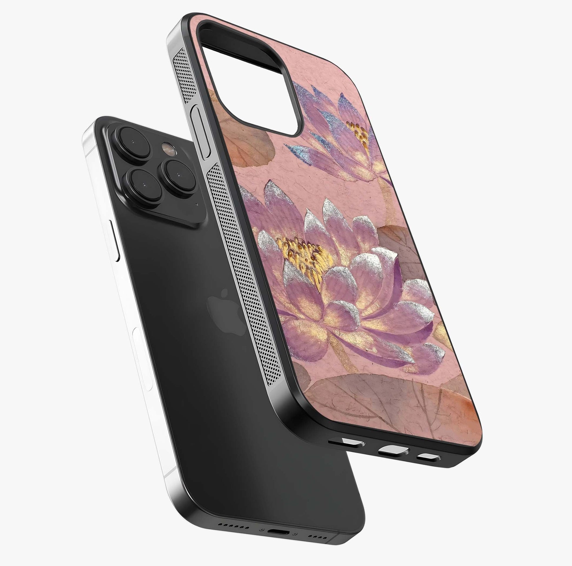 Blossom Mist Lotus Glass Case photographed in natural light showing reflective finish and design depth.