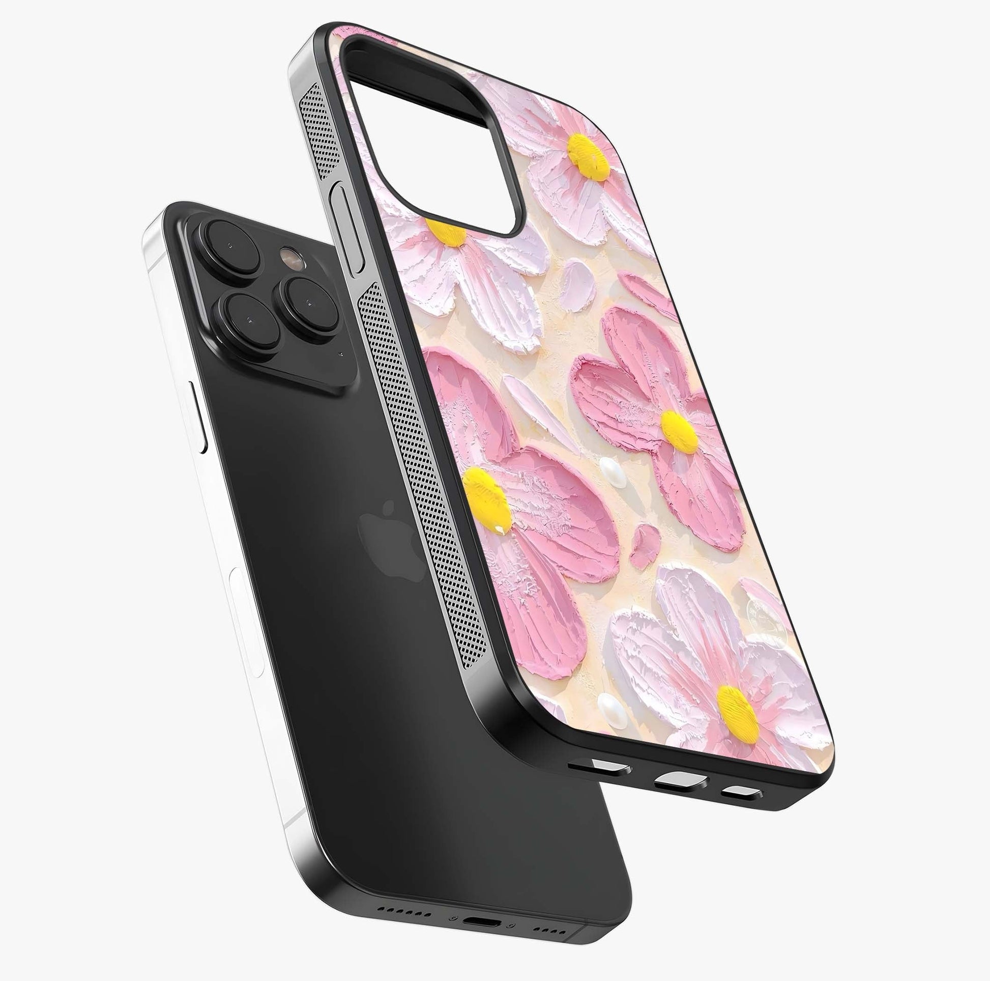 Blush Bloom Texture Glass Case photographed in natural light showing reflective finish and design depth.