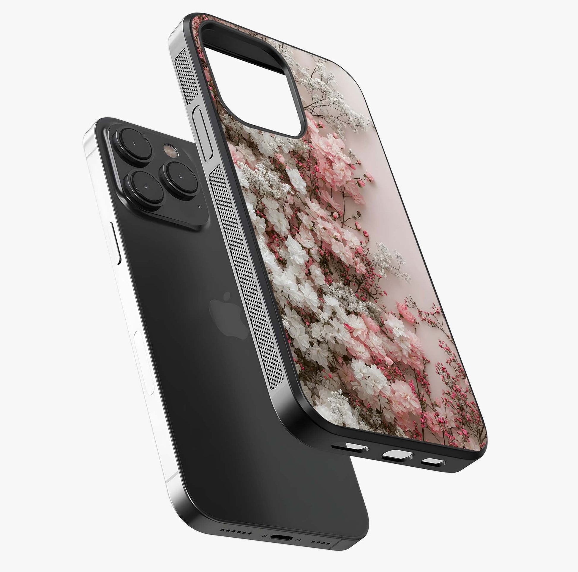 Blush Blossom Cloud Glass Case photographed in natural light showing reflective finish and design depth.