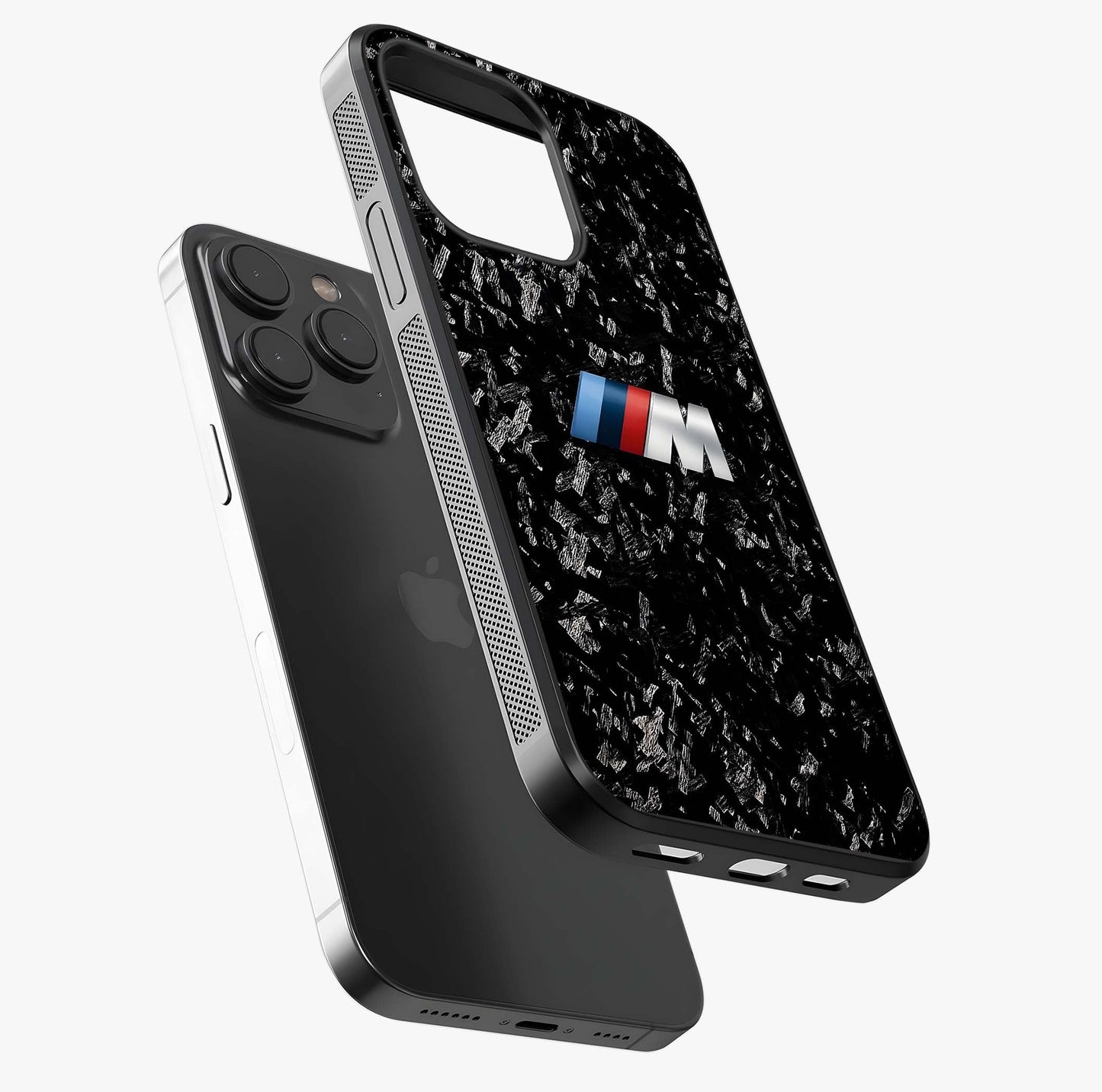 Carbon Speed Mark Glass Case photographed in natural light showing reflective finish and design depth.
