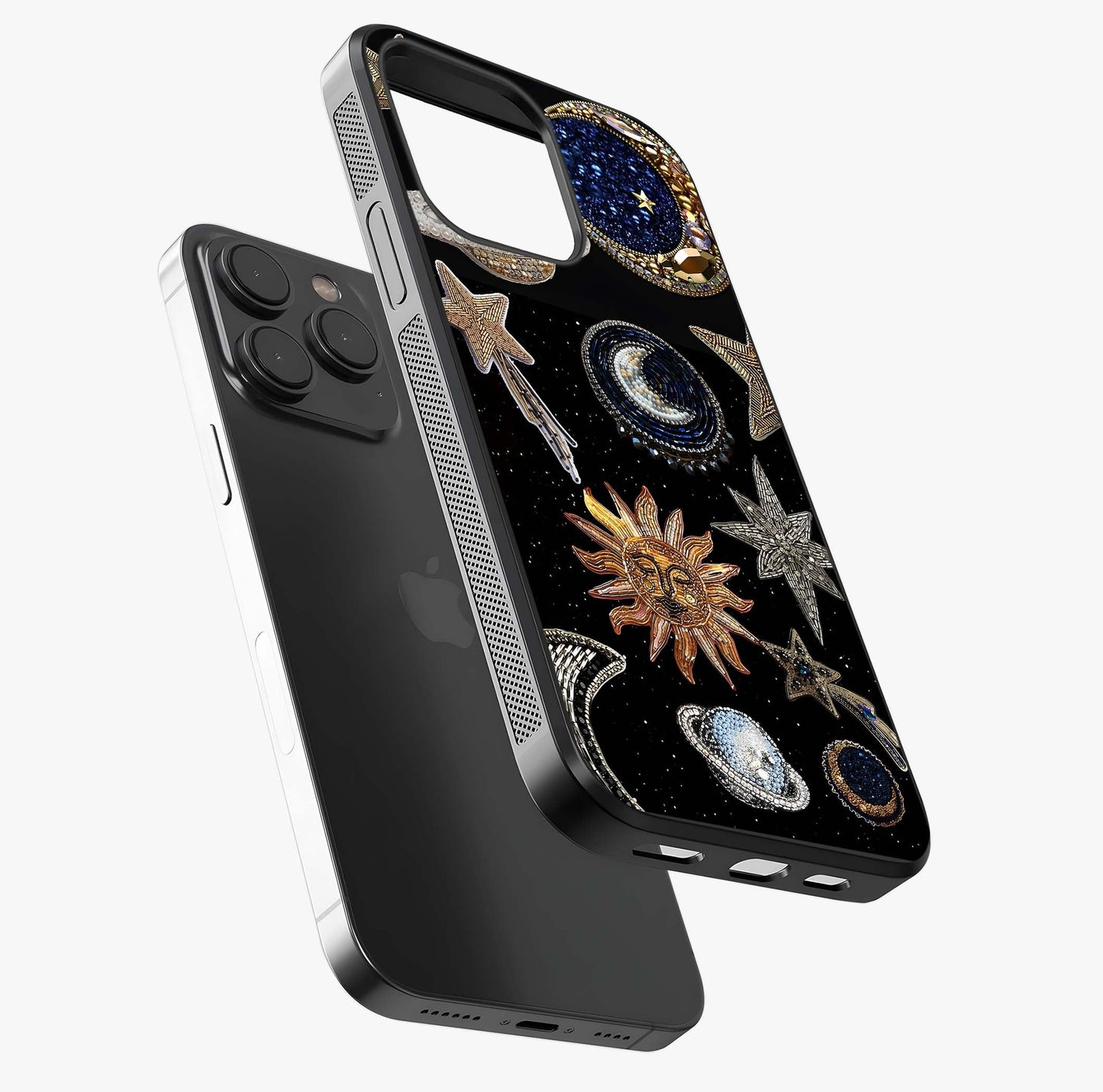 Celestial Gem Constellations Glass Case photographed in natural light showing reflective finish and design depth.