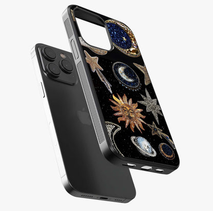 Celestial Gem Constellations Glass Case photographed in natural light showing reflective finish and design depth.