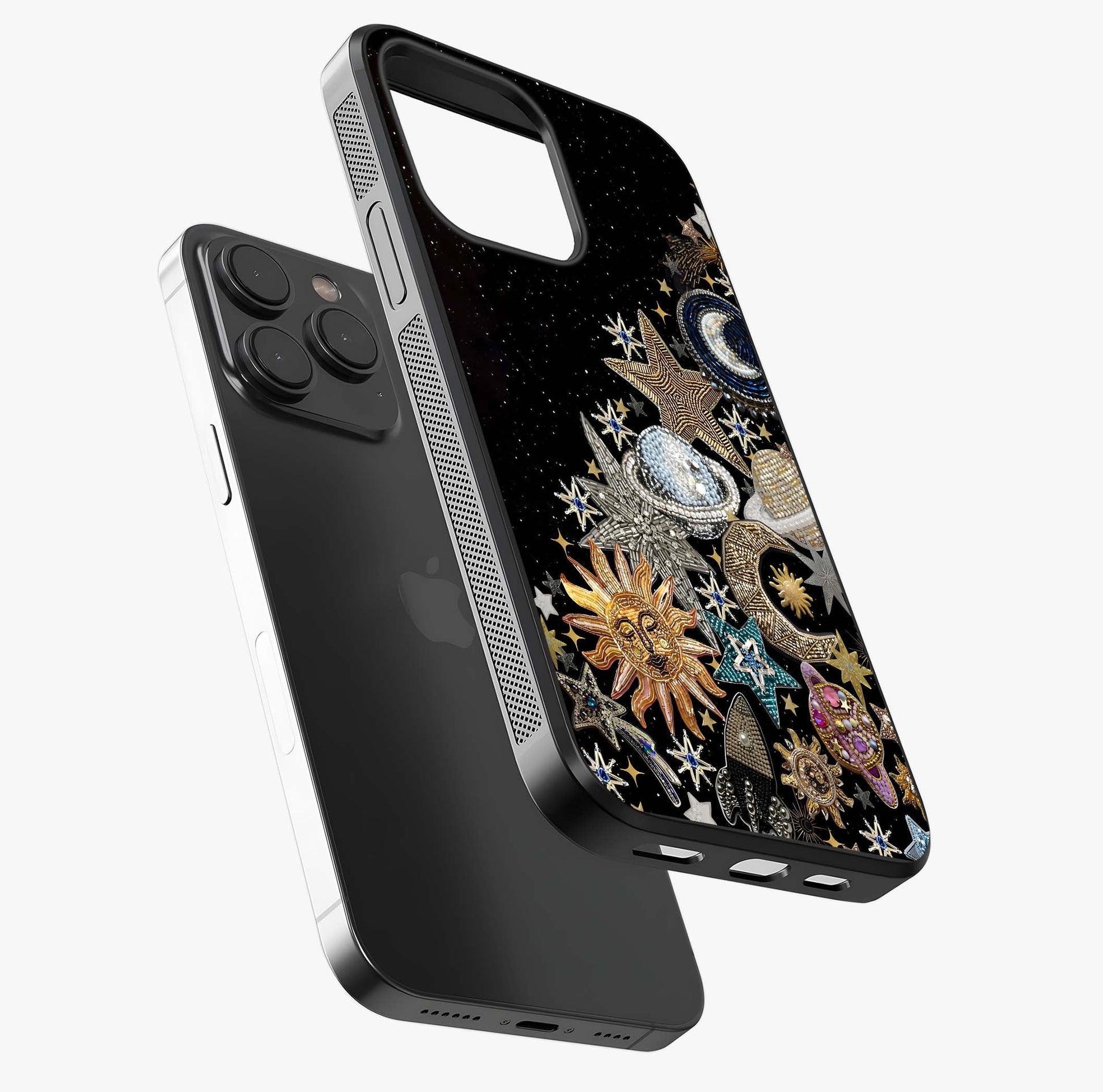 Cosmic Sparkle Dreams Glass Case photographed in natural light showing reflective finish and design depth.
