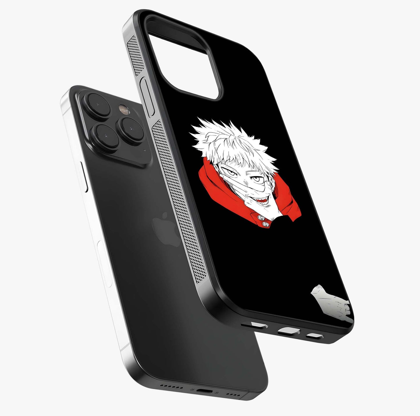 Crimson Chaos Smile Glass Case photographed in natural light showing reflective finish and design depth.