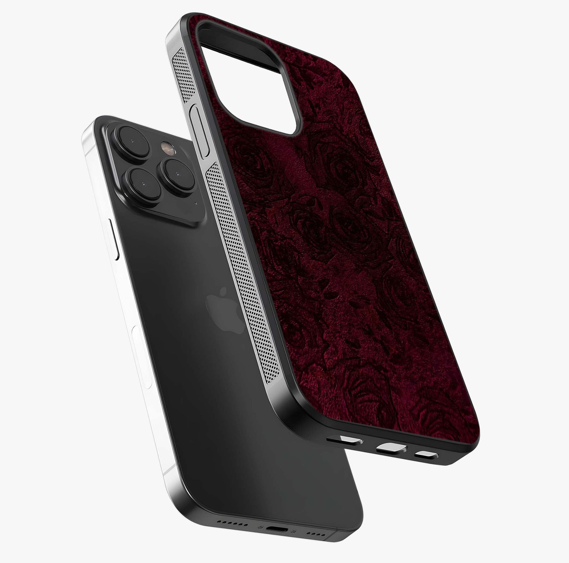 Crimson Fade Flow Glass Case photographed in natural light showing reflective finish and design depth.