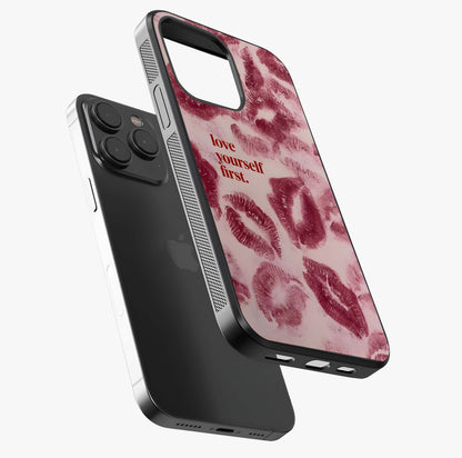 Crimson Kiss Love Glass Case photographed in natural light showing reflective finish and design depth.