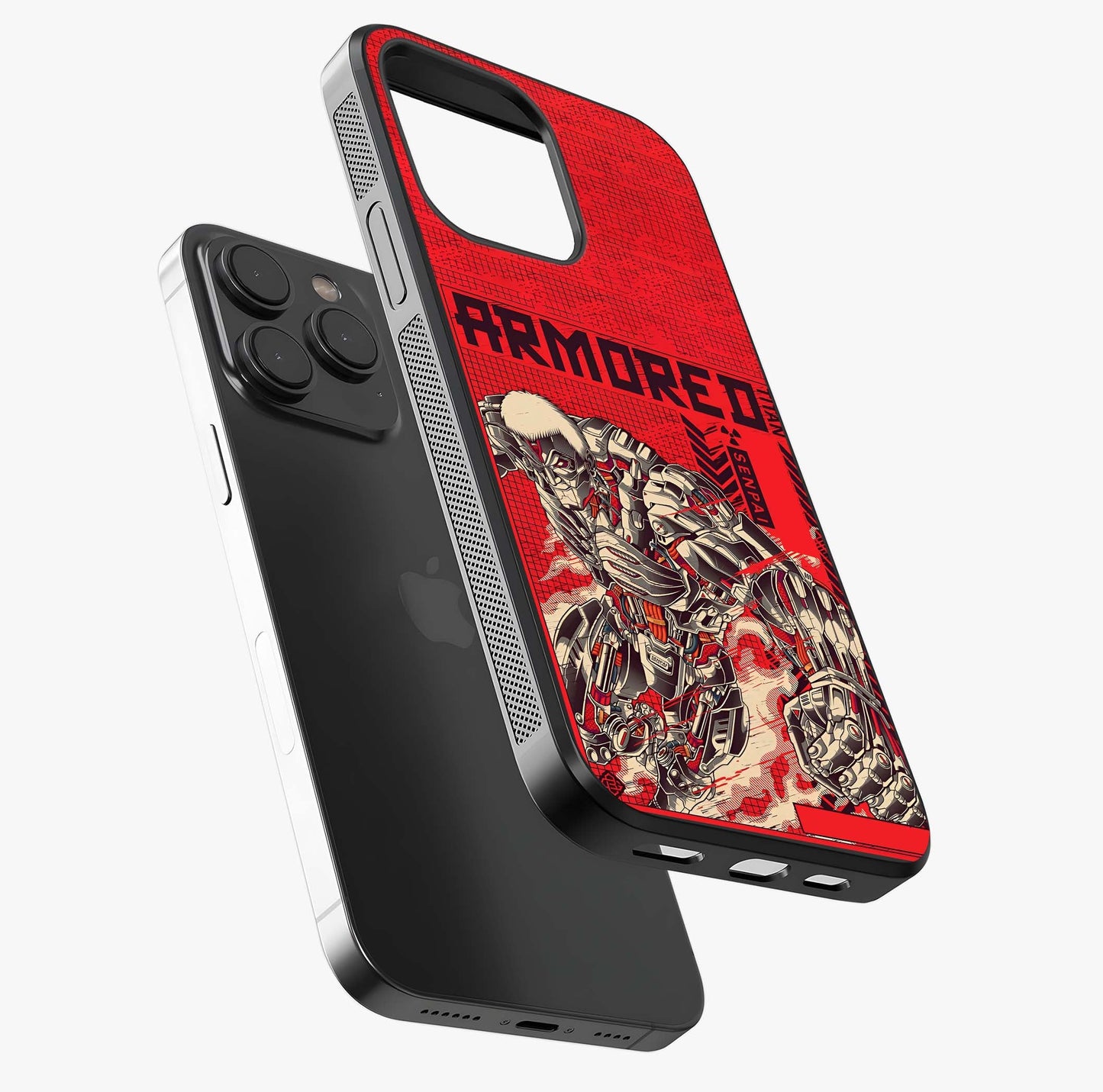 Crimson Mecha Titan Glass Case photographed in natural light showing reflective finish and design depth.