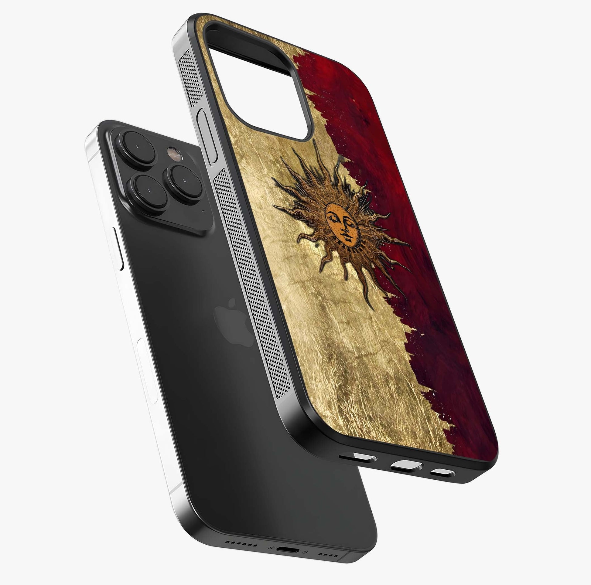 Crimson Sun Majesty Glass Case photographed in natural light showing reflective finish and design depth.