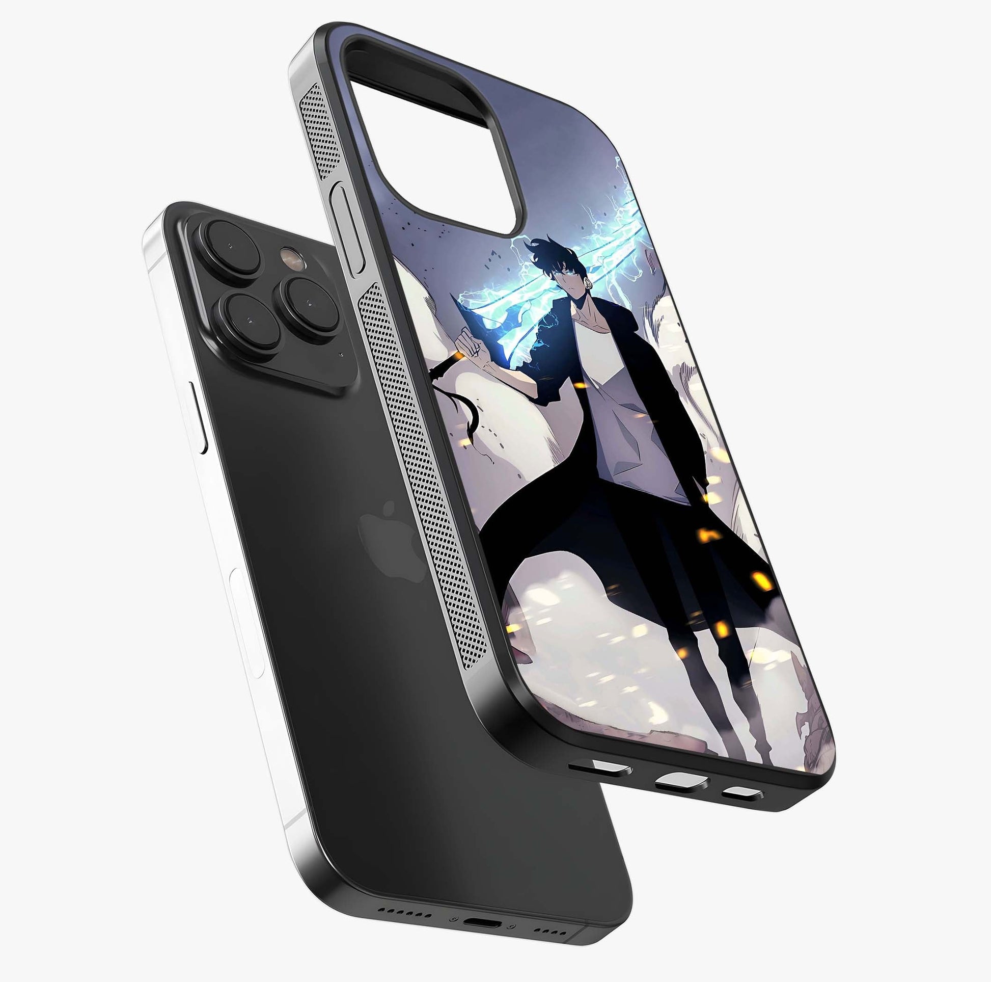Dark Lightning Anime Warrior Glass Case photographed in natural light showing reflective finish and design depth.