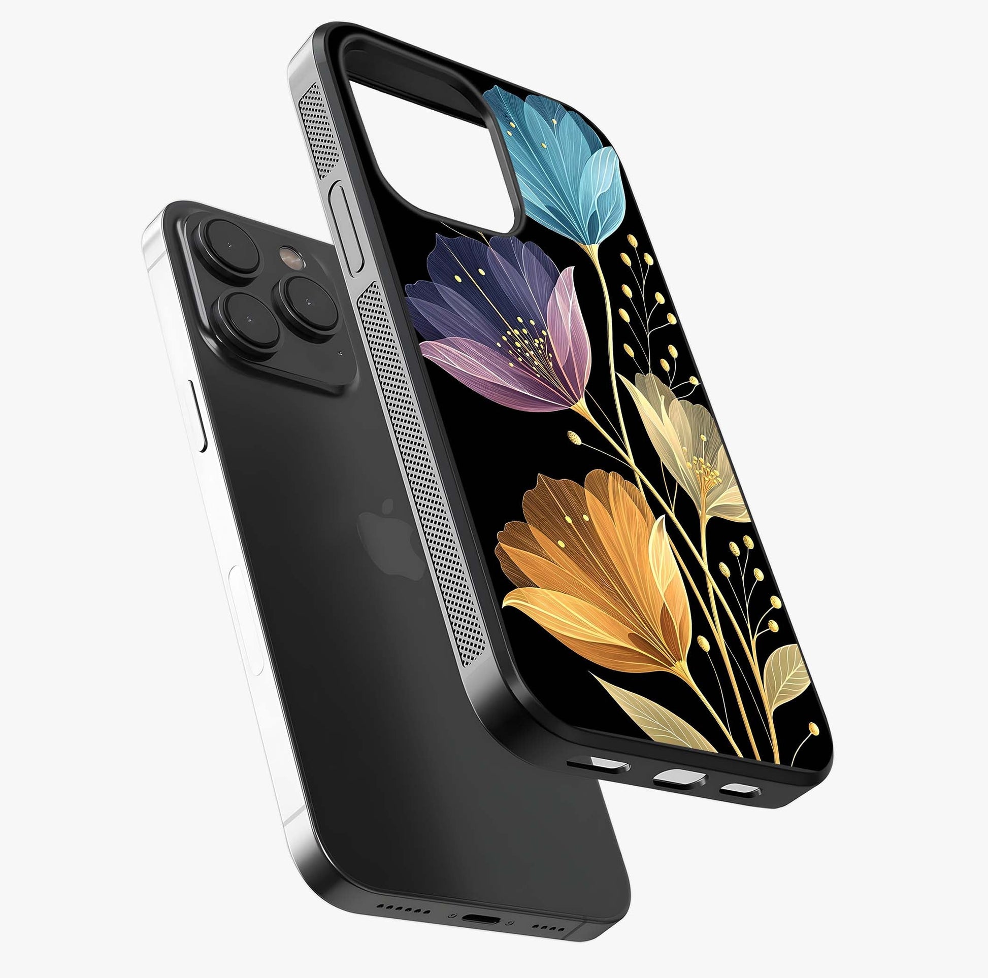 Delicate Multicolor Flowers Glass Case photographed in natural light showing reflective finish and design depth.