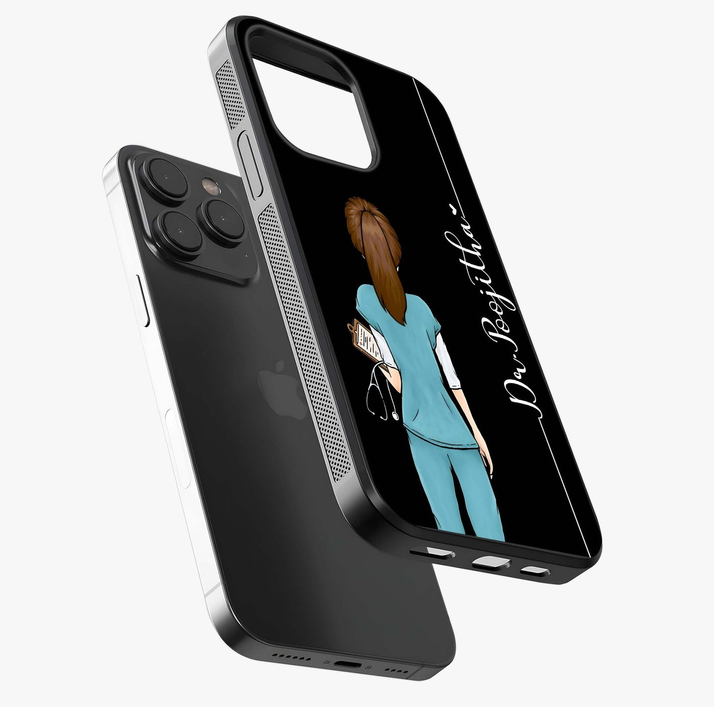 Doctor Pattern Custom Name Glass Case photographed in natural light showing reflective finish and design depth.