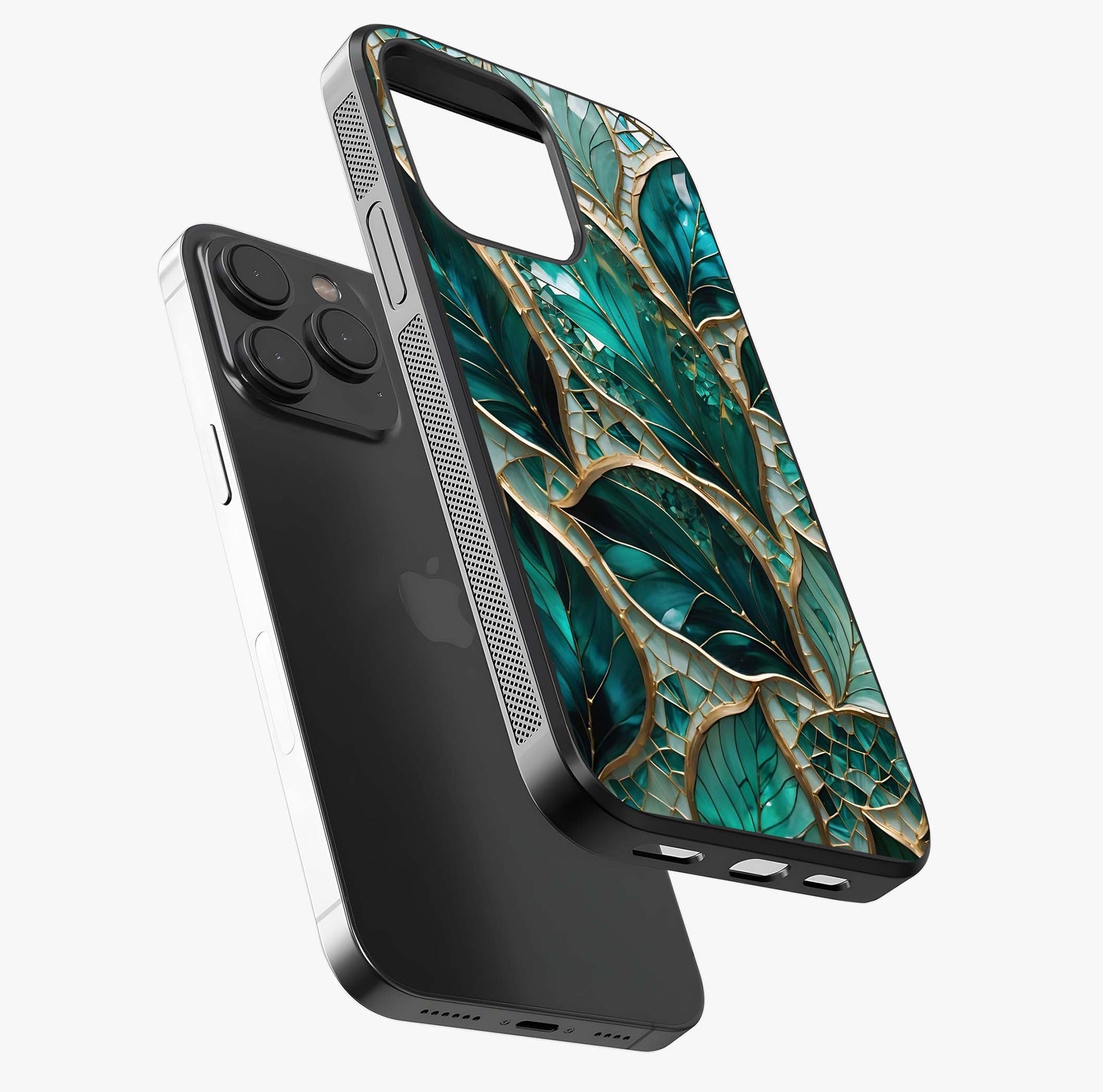Emerald Leaf Glass Glass Case photographed in natural light showing reflective finish and design depth.