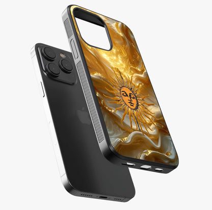 Eternal Golden Glow Glass Case photographed in natural light showing reflective finish and design depth.