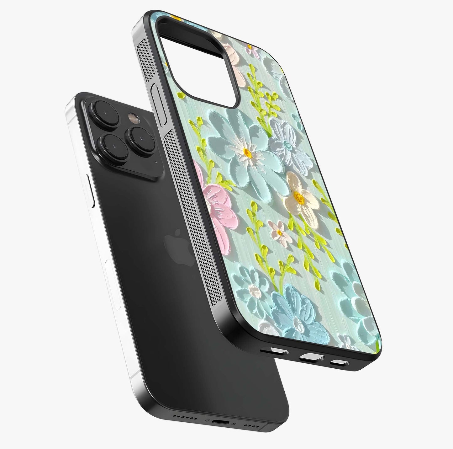 Frosted Petal Garden Glass Case photographed in natural light showing reflective finish and design depth.