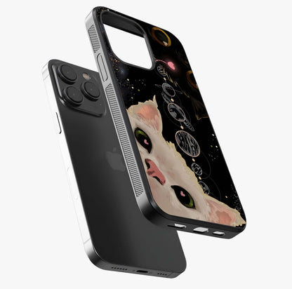Galactic Cat Glass Case photographed in natural light showing reflective finish and design depth.