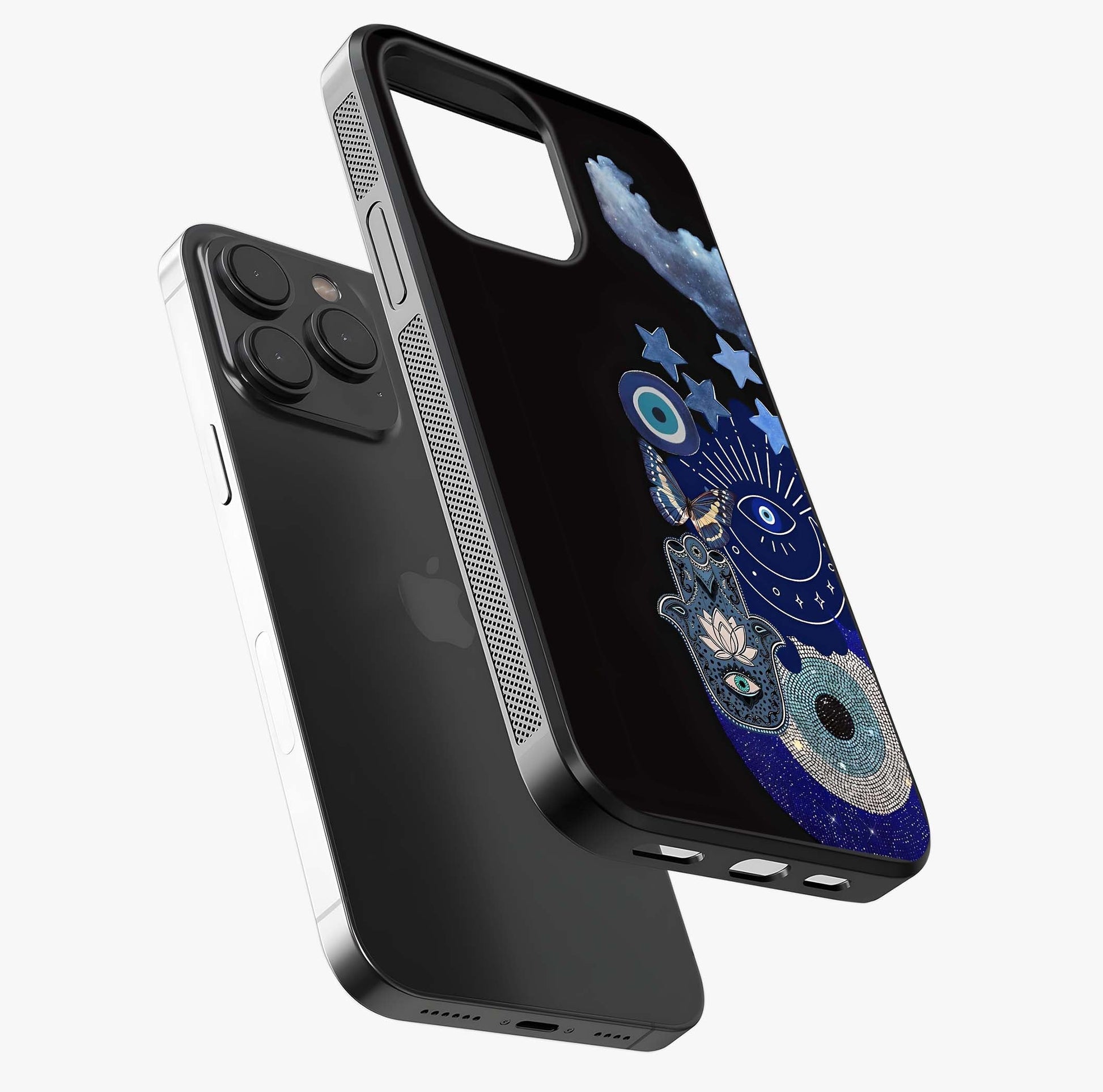 Galactic Charm Cluster Glass Case photographed in natural light showing reflective finish and design depth.