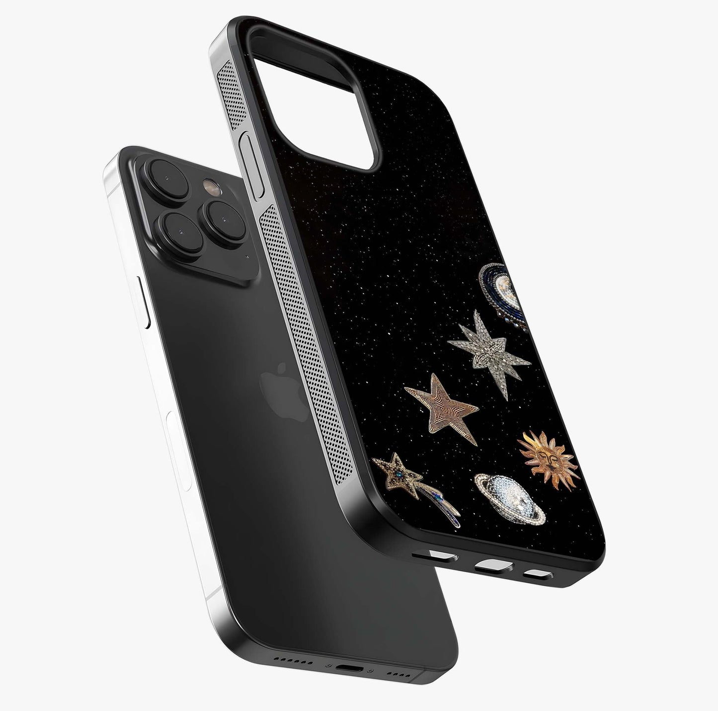 Galactic Charm Glow Glass Case photographed in natural light showing reflective finish and design depth.