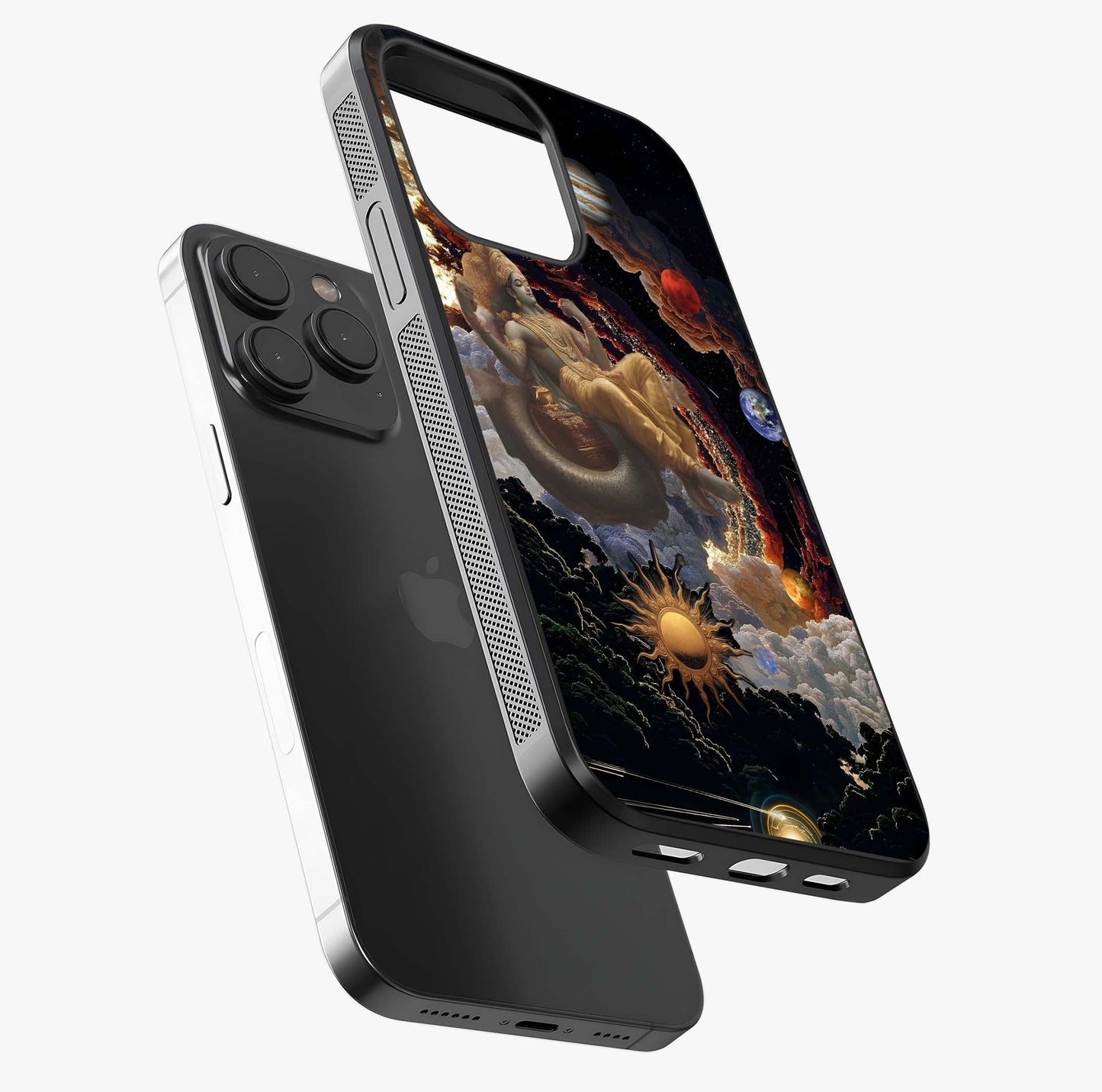 Galactic Divine God Glass Case photographed in natural light showing reflective finish and design depth.