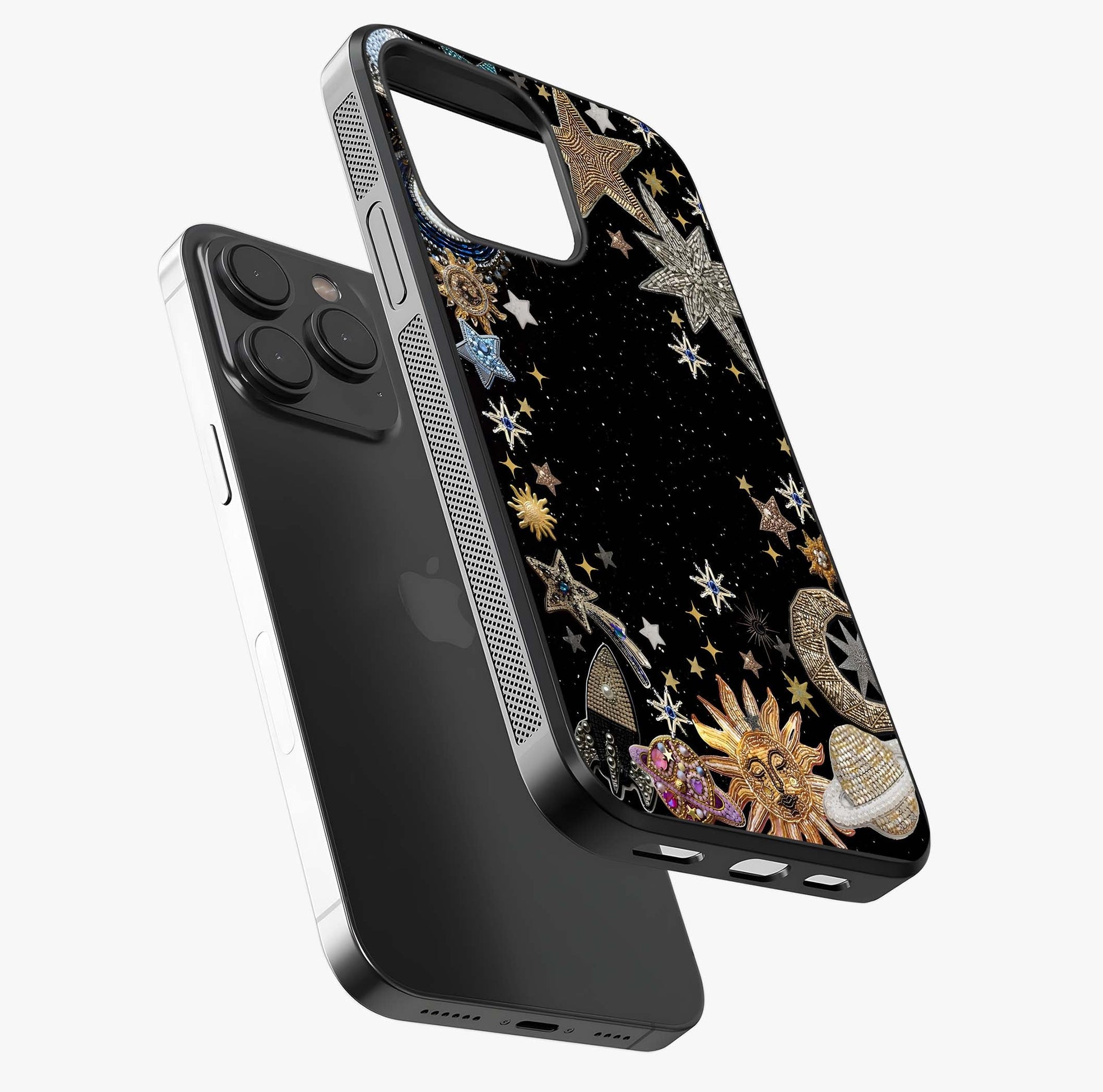 Galactic Jewel Stars Glass Case photographed in natural light showing reflective finish and design depth.