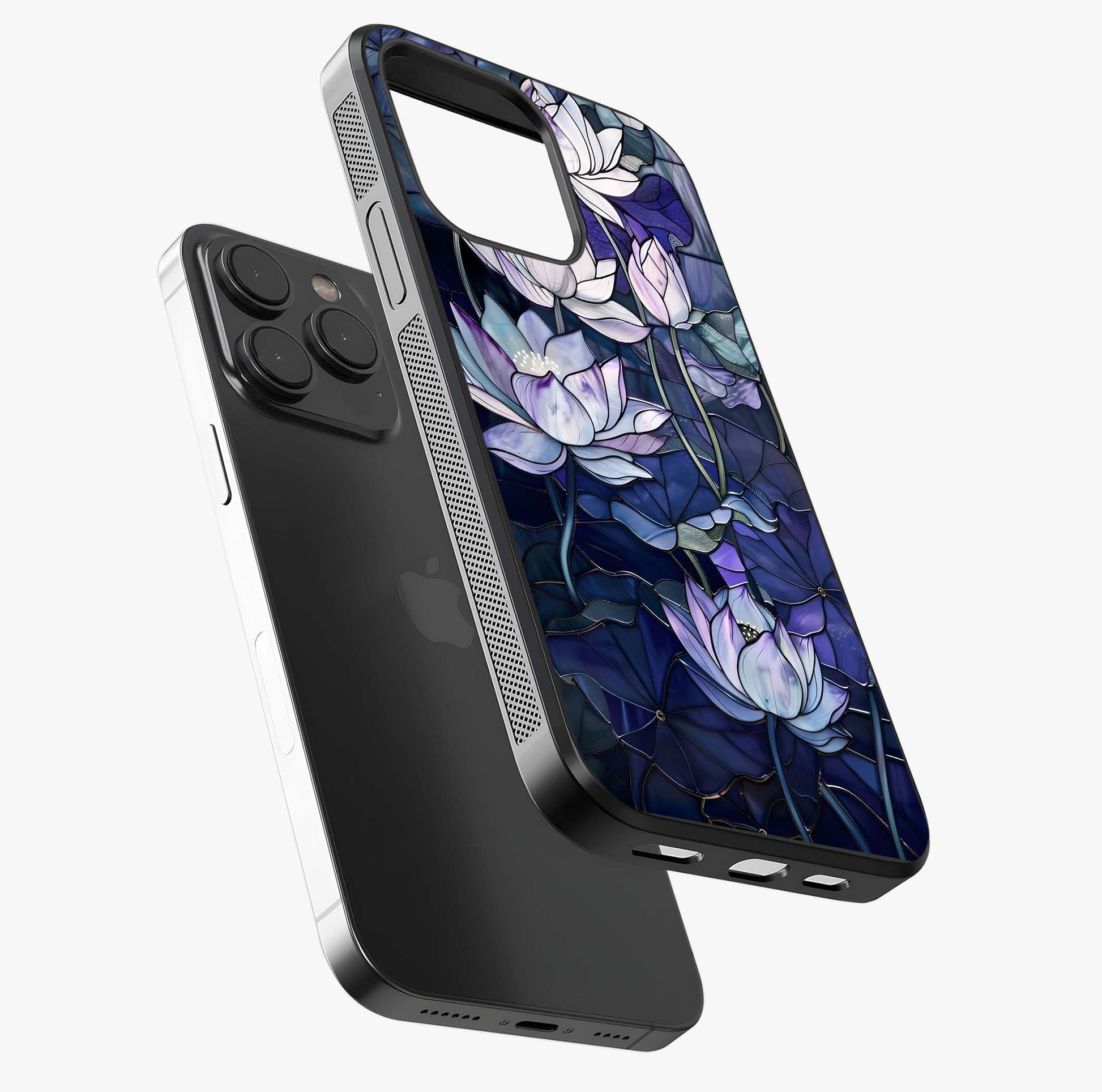 Gloss Petal Rush Glass Case photographed in natural light showing reflective finish and design depth.