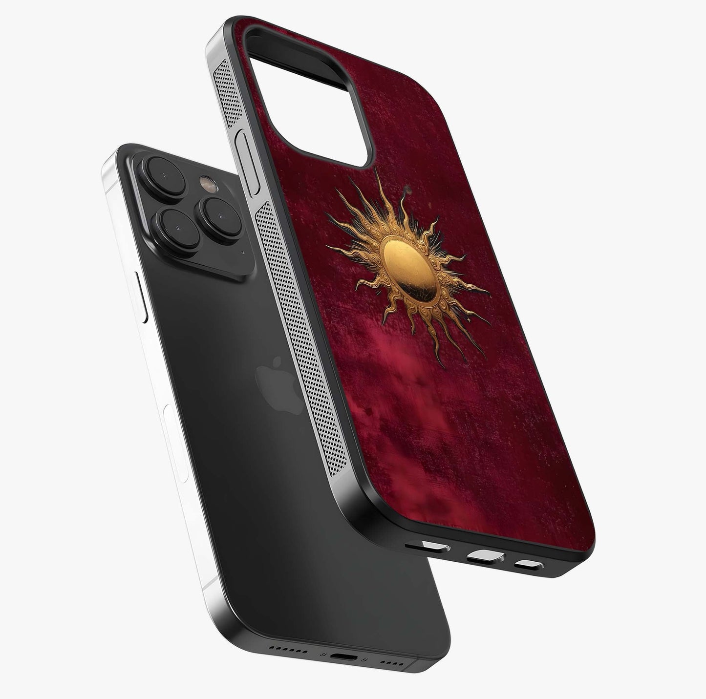 Gold Sun Blush Glass Case photographed in natural light showing reflective finish and design depth.