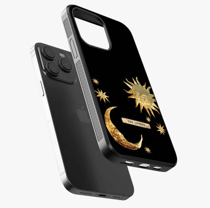 Golden Celestial Charm Glass Case photographed in natural light showing reflective finish and design depth.