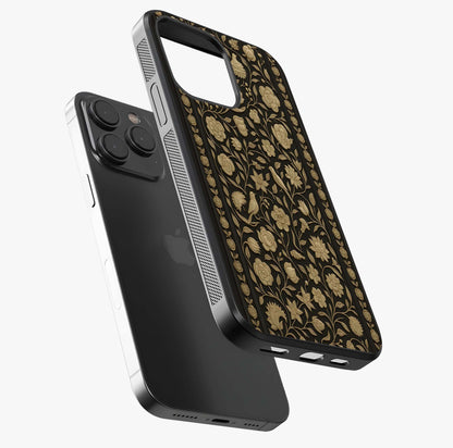 Golden Floral Majesty Glass Case photographed in natural light showing reflective finish and design depth.