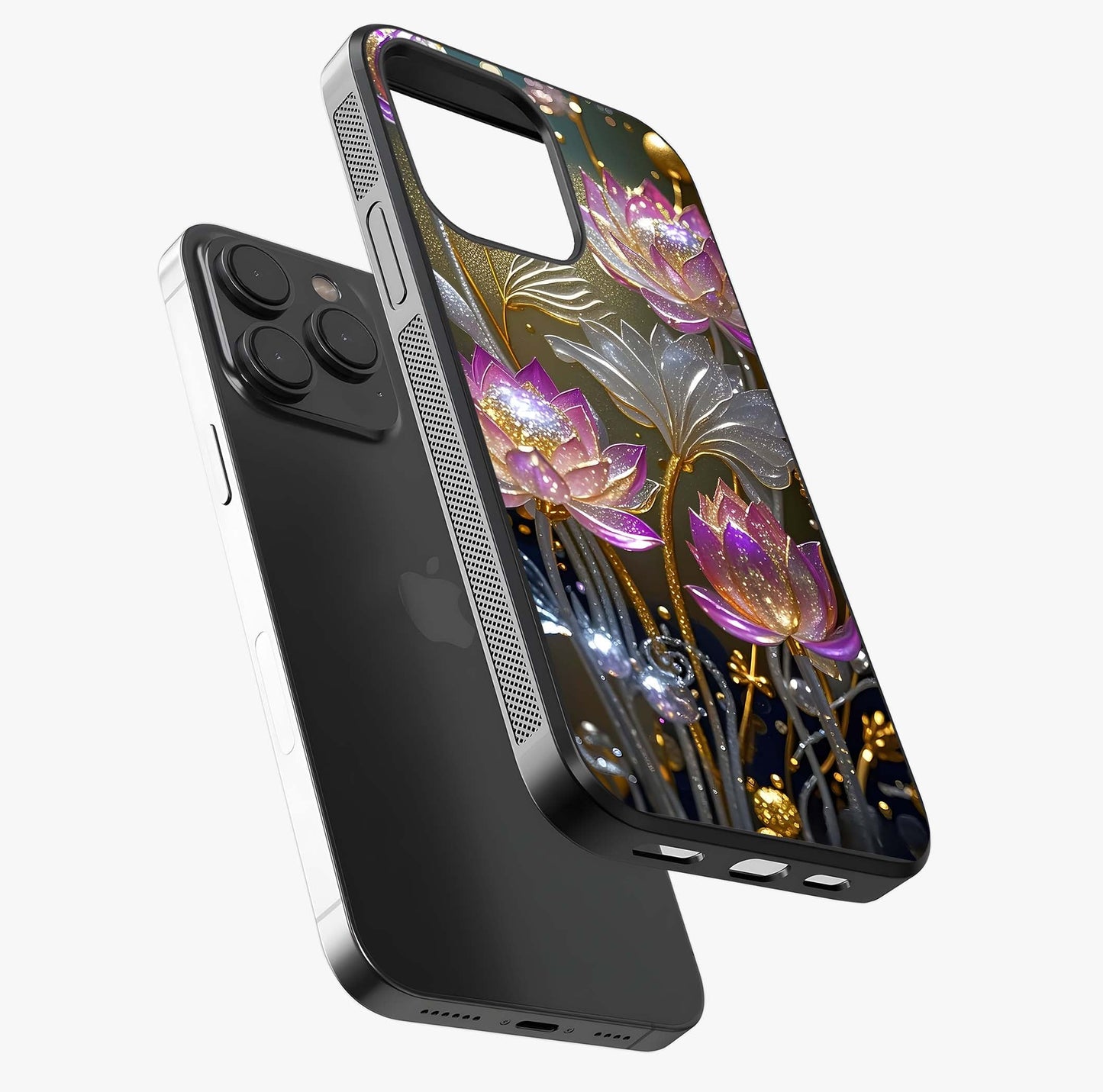 Golden Lotus Glow Glass Case photographed in natural light showing reflective finish and design depth.