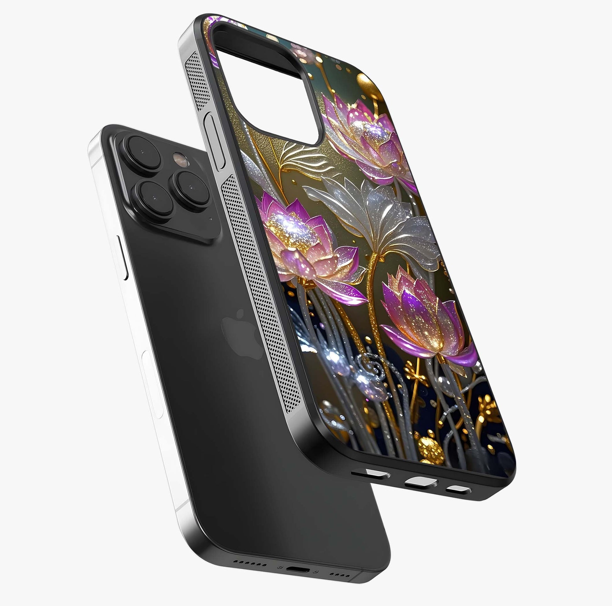 Golden Lotus Glow Glass Case photographed in natural light showing reflective finish and design depth.