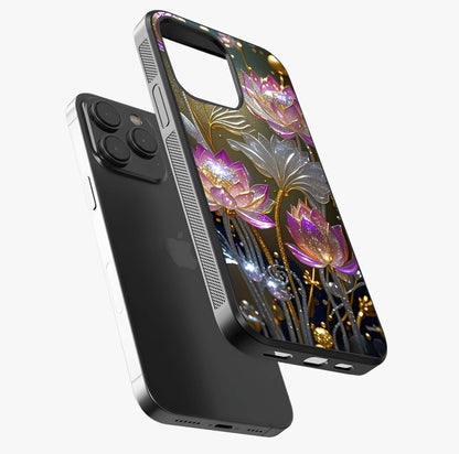 Golden Lotus Glow Glass Case photographed in natural light showing reflective finish and design depth.