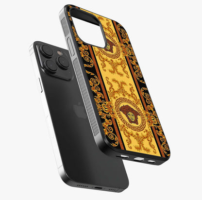 Golden Royal Heritage Glass Case photographed in natural light showing reflective finish and design depth.