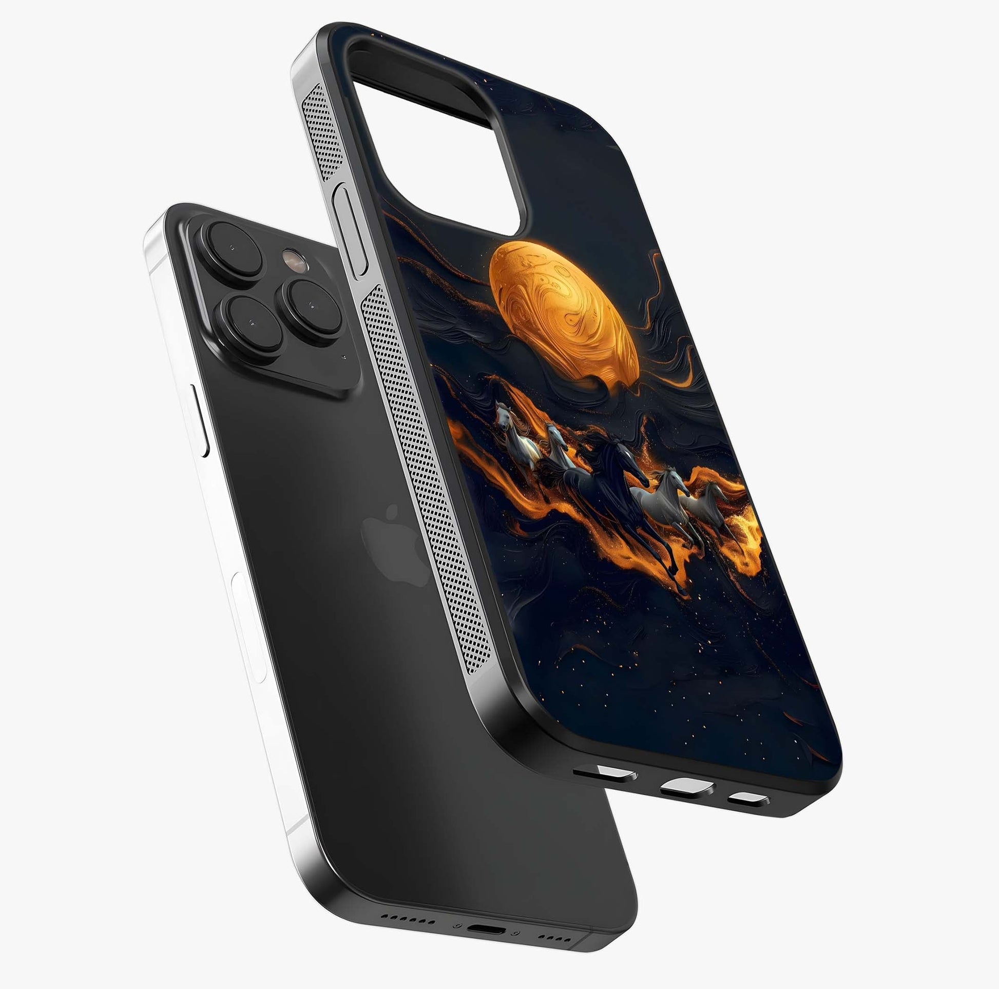 Golden Stallion Moonride Glass Case photographed in natural light showing reflective finish and design depth.