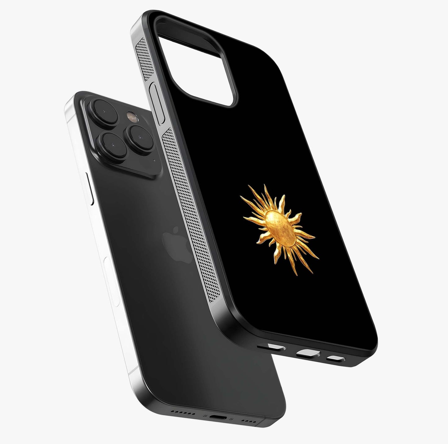 Golden Sun Minimalism Glass Case photographed in natural light showing reflective finish and design depth.