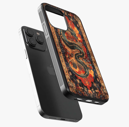 Inferno Dragon Soul Glass Case photographed in natural light showing reflective finish and design depth.
