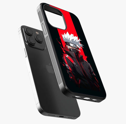 Kakashi Scarlet Shadow Glass Case photographed in natural light showing reflective finish and design depth.