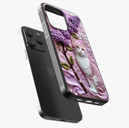 Lavender Cat Whimsy Glass Case photographed in natural light showing reflective finish and design depth.