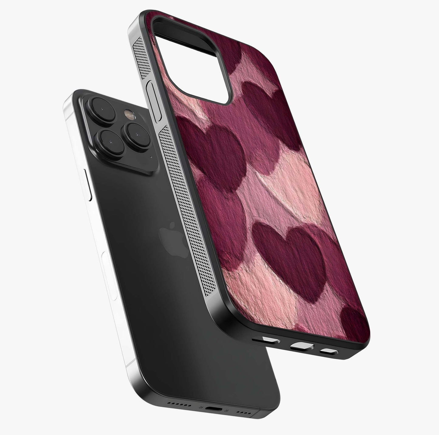 Layered Paper Hearts Glass Case photographed in natural light showing reflective finish and design depth.