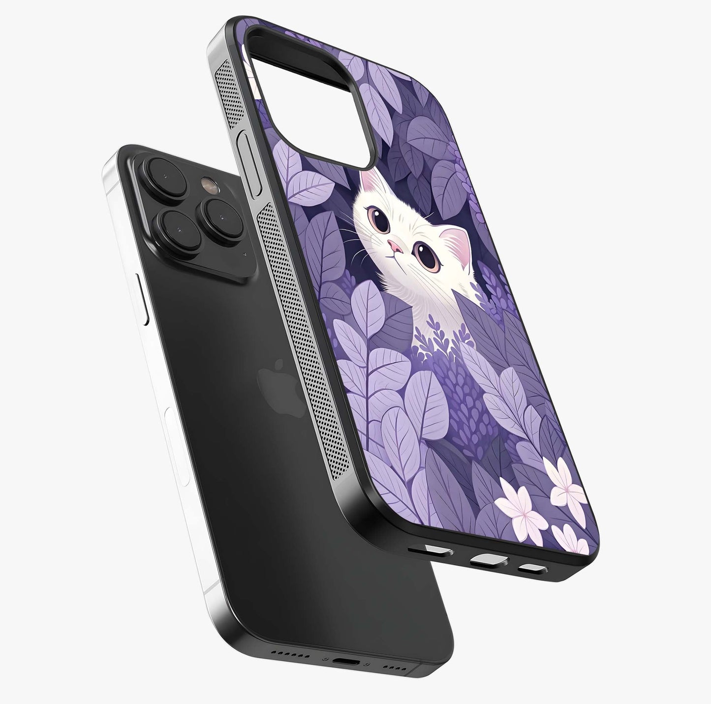 Lilac Hide Peek Cat Glass Case photographed in natural light showing reflective finish and design depth.