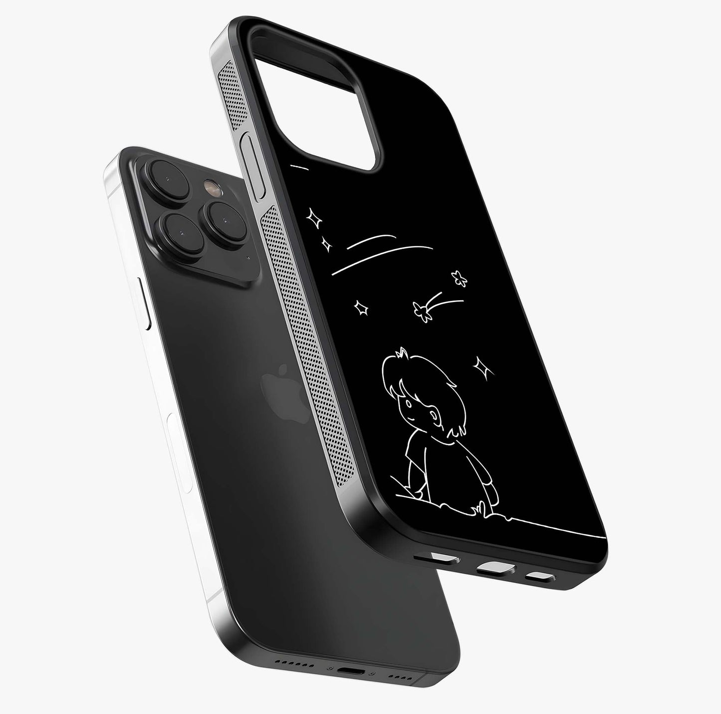 Line Art Boy With Shooting Stars Glass Case photographed in natural light showing reflective finish and design depth.