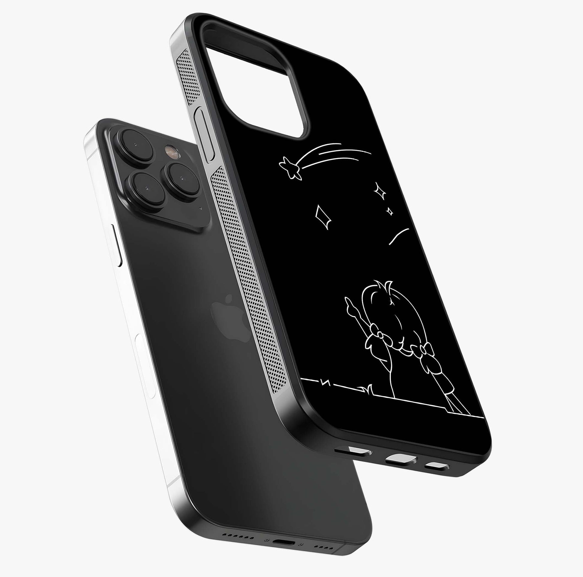 Line Art Girl With Shooting Stars Glass Case photographed in natural light showing reflective finish and design depth.