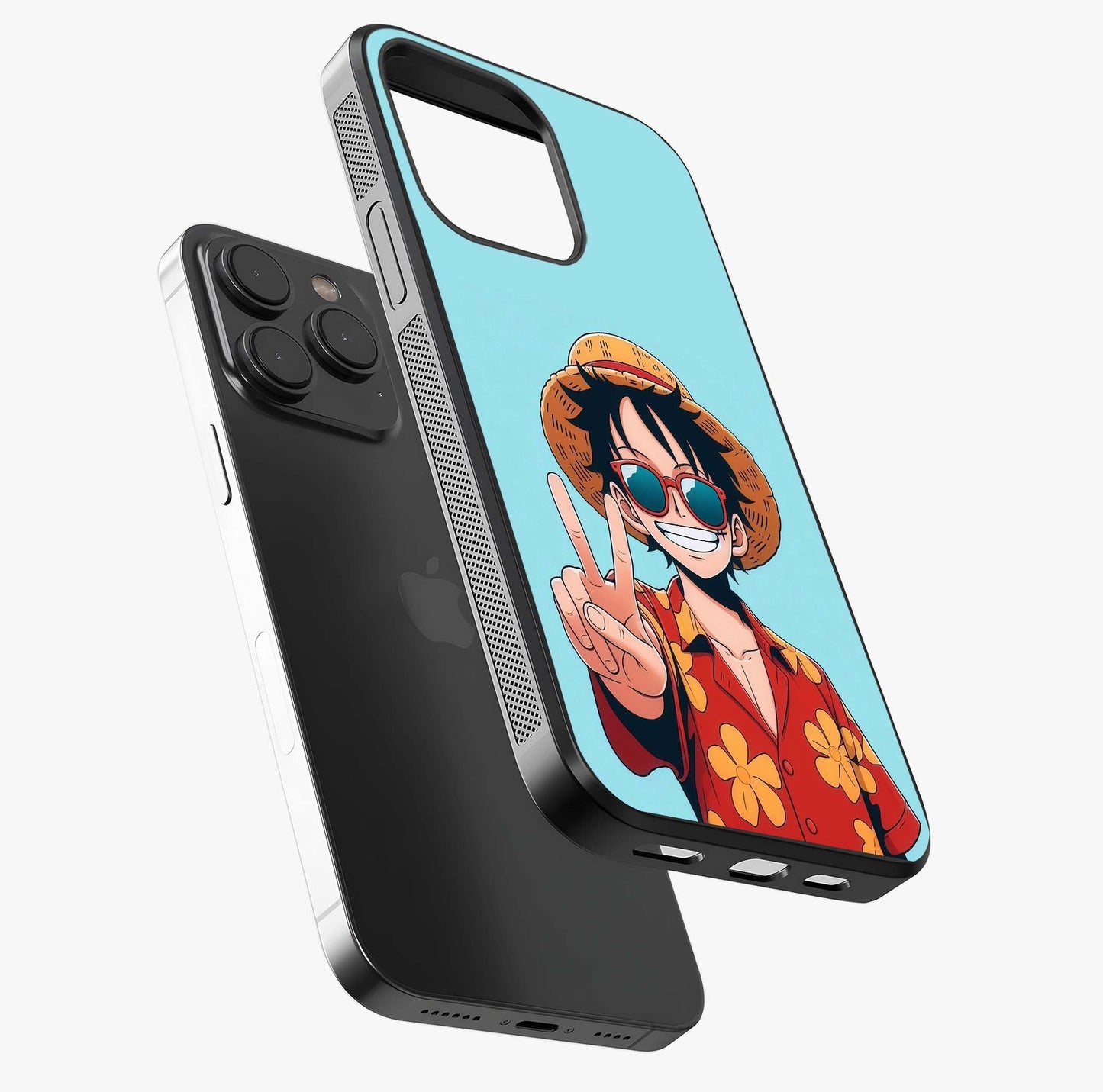 Luffy Summer Anime Vibe Glass Case photographed in natural light showing reflective finish and design depth.