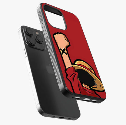 Luffy X Spirit Glass Case photographed in natural light showing reflective finish and design depth.