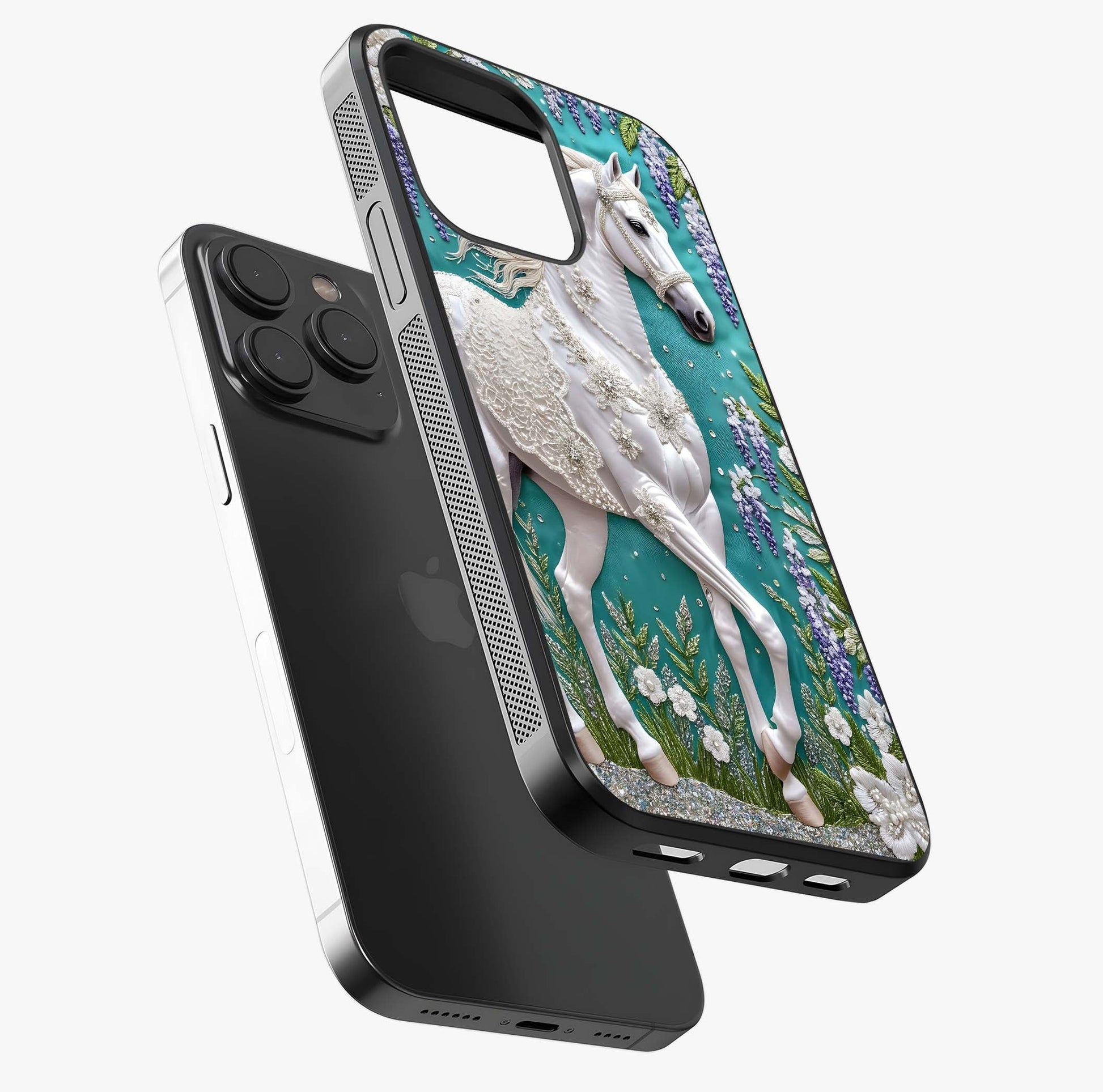 Majestic Floral Stallion Glass Case photographed in natural light showing reflective finish and design depth.