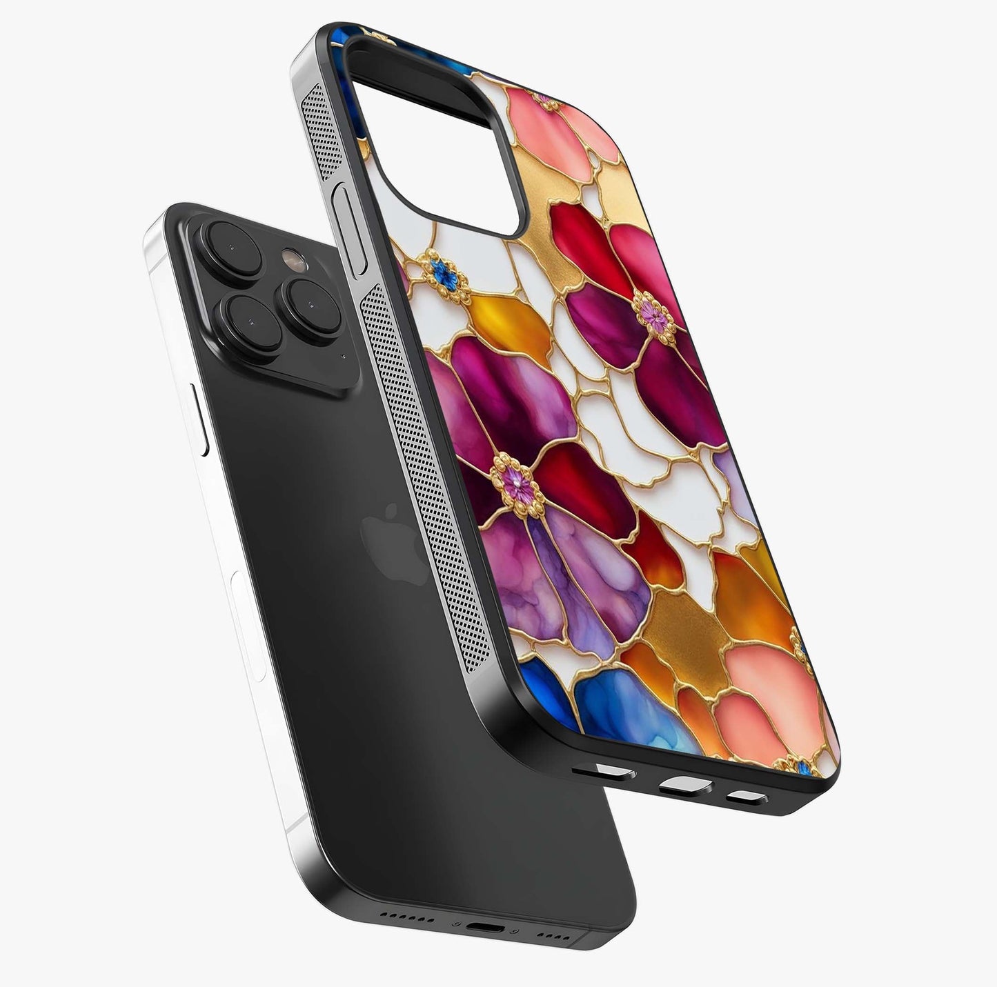 Marble Flower Pattern Glass Case photographed in natural light showing reflective finish and design depth.
