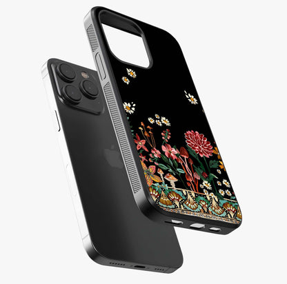 Midnight Bloom Pattern Glass Case photographed in natural light showing reflective finish and design depth.